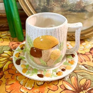 Vintage Arnel's 1970s Ceramic Pottery Magic Mushroom Mug and Saucer Set